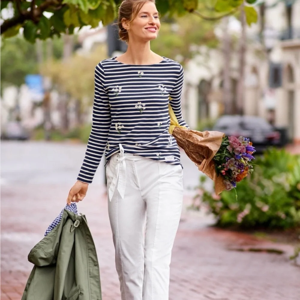 Talbots Striped Long Sleeve Top Womens L Floral Embroidered Basic Classic Preppy - Picture 3 of 15